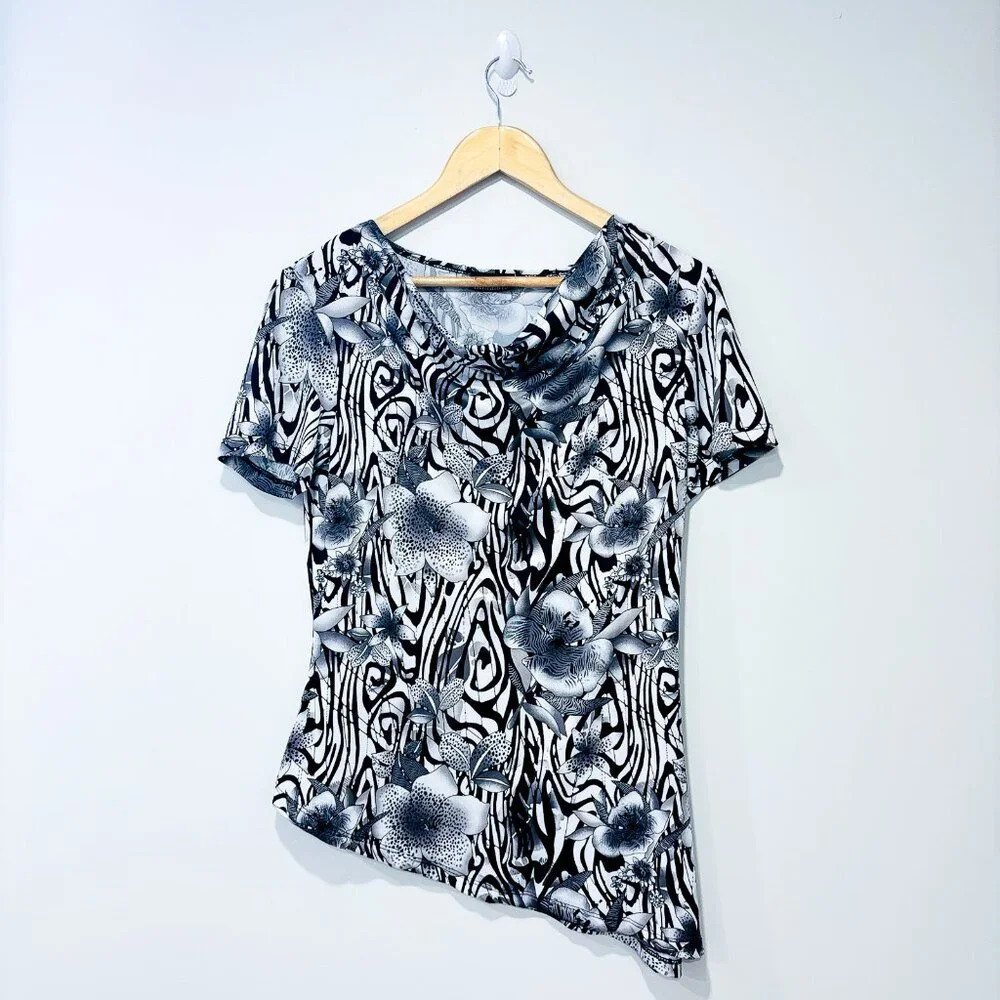INITIATIVES Black‎ & Beige Asymmetrical Floral Top